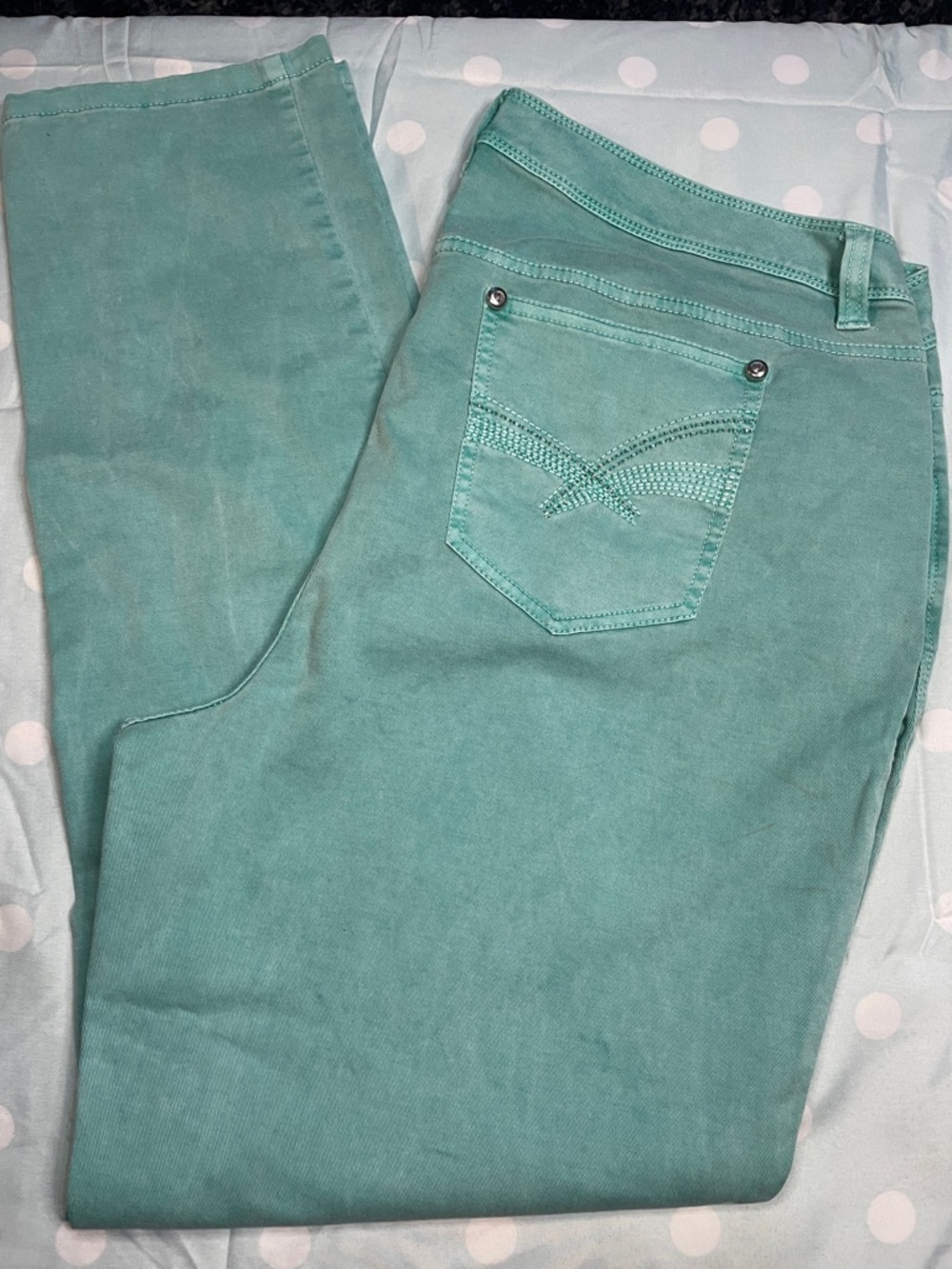 Teal Green Straight Leg Jeans with Embroidered Back Pocket